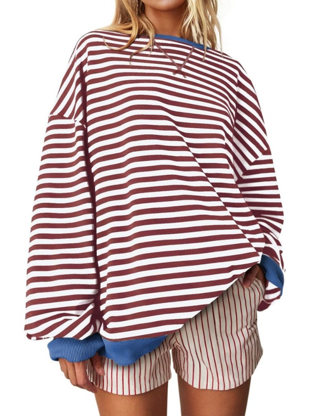 Women Oversized Striped Crewneck Sweatshirt Long Sleeve Casual Pullover